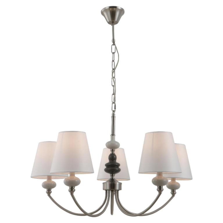 White Conic Conic Conic ထည်နှင့်အတူ Satin Nickel 5-Lights ceramic chandelier