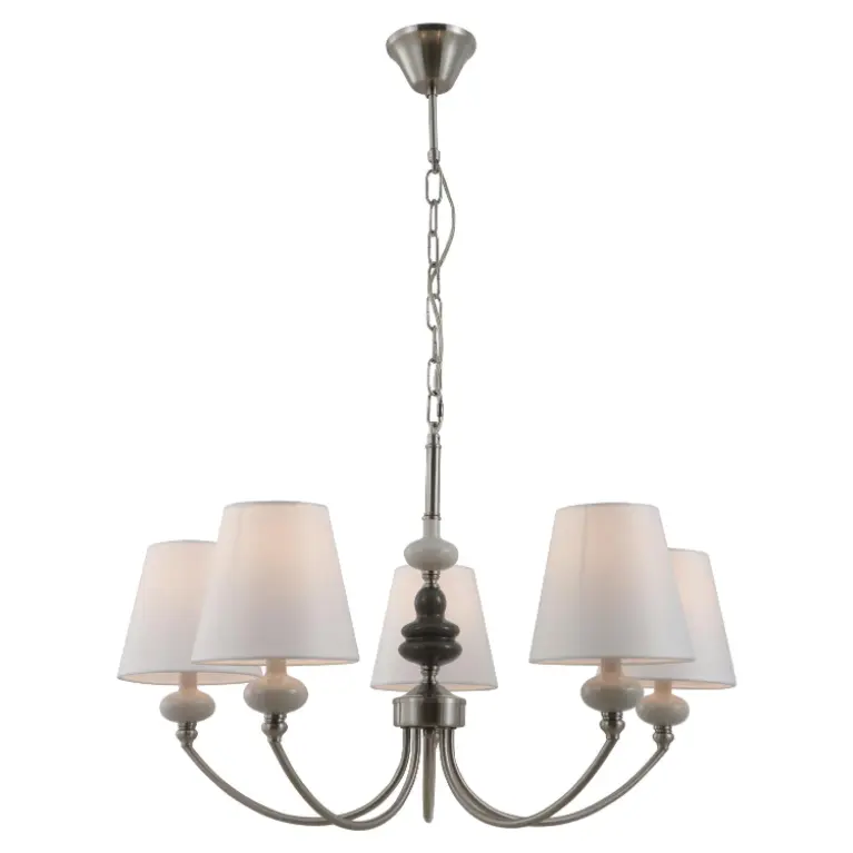White Conic Conic Conic ထည်နှင့်အတူ Satin Nickel 5-Lights ceramic chandelier